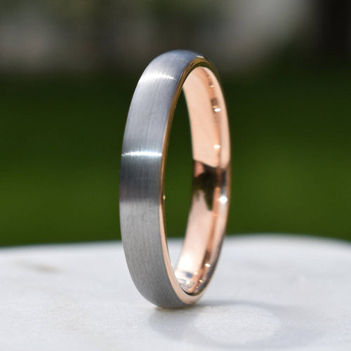 Dominion II - Tungsten Wedding Ring 4mm Brushed Silver with Rose Gold Comfort fit band - view 3 - Nura Lab