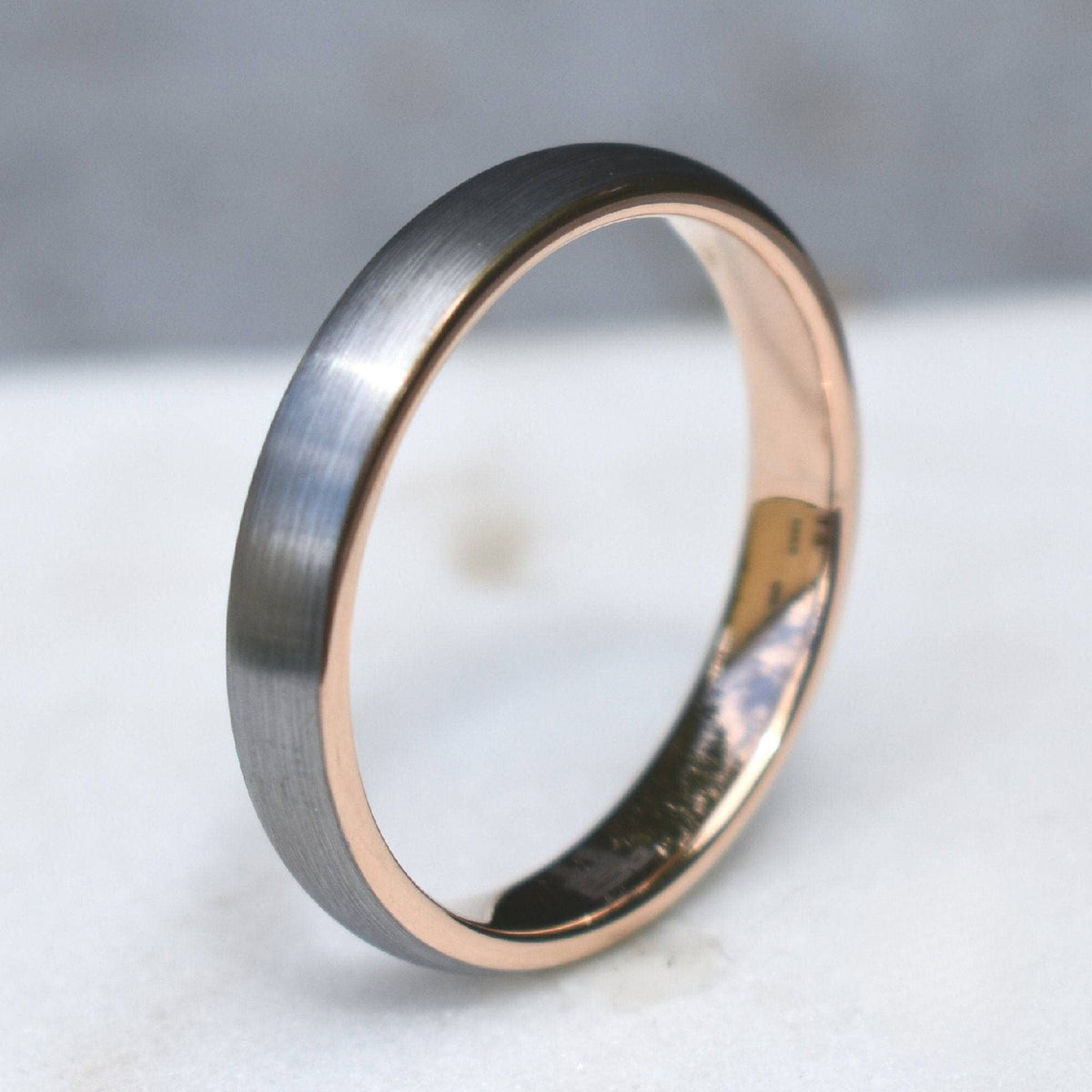 Dominion II - Tungsten Wedding Ring 4mm Brushed Silver with Rose Gold Comfort fit band - view 6 - Nura Lab