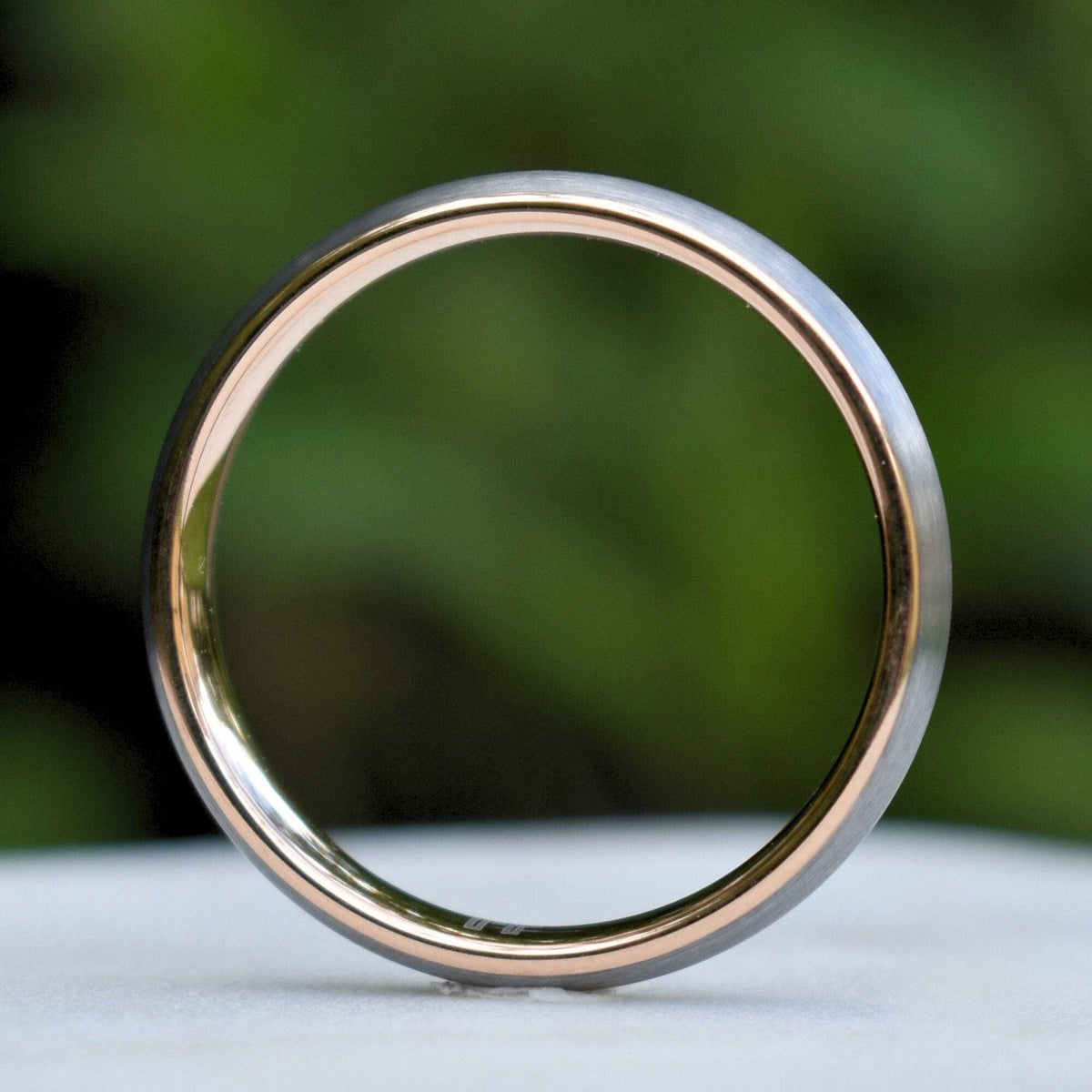 Dominion II - Tungsten Wedding Ring 4mm Brushed Silver with Rose Gold Comfort fit band - view 5 - Nura Lab