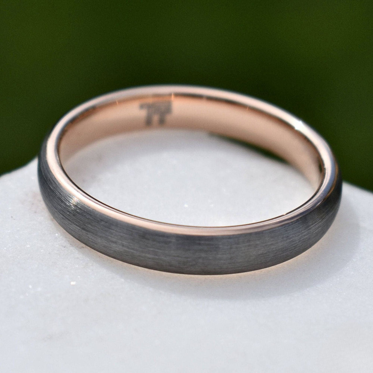 Dominion II - Tungsten Wedding Ring 4mm Brushed Silver with Rose Gold Comfort fit band - view 2 - Nura Lab