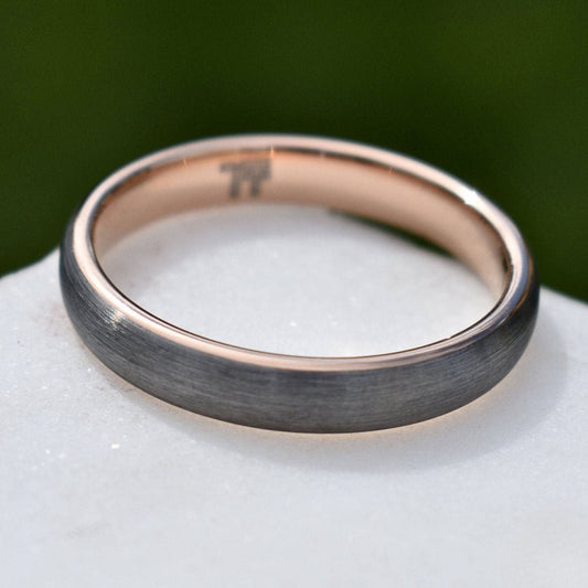 Dominion II - Tungsten Wedding Ring 4mm Brushed Silver with Rose Gold Comfort fit band - view 2 - Nura Lab