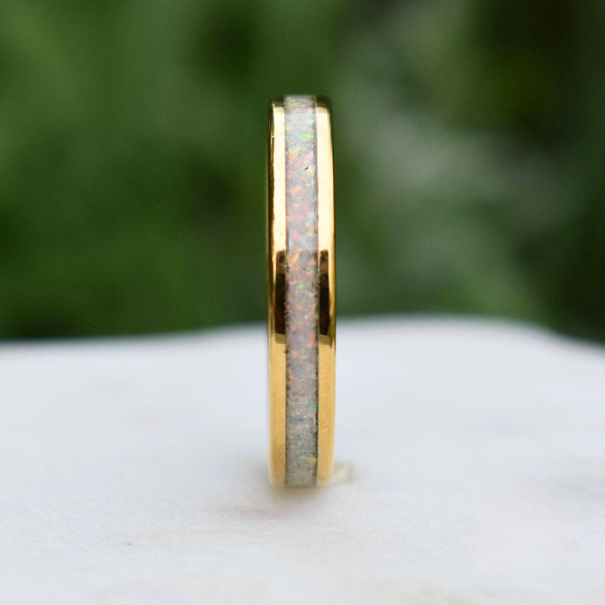 Kingsguard II - Tungsten 4mm Gold Ring Crushed White Opal Wedding Ring - view 5 - Nura Lab