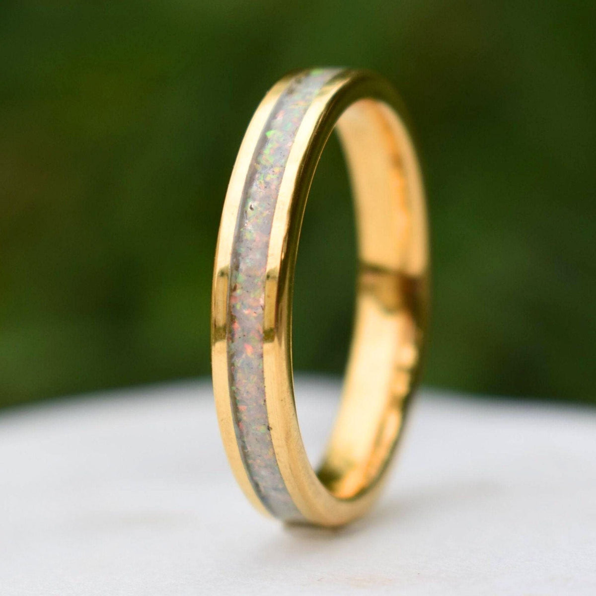 Kingsguard II - Tungsten 4mm Gold Ring Crushed White Opal Wedding Ring - view 6 - Nura Lab