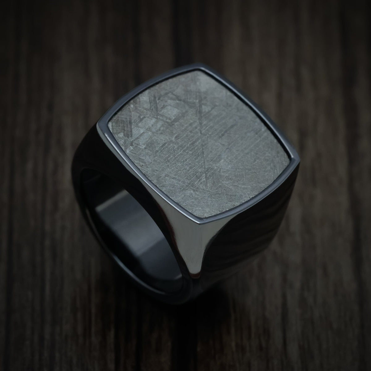 Tasman XVII - Black Zirconium Extra Large Signet Wedding Ring with Gibeon Meteorite Inlay - Nura Lab