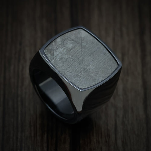 Tasman XVII - Black Zirconium Extra Large Signet Wedding Ring with Gibeon Meteorite Inlay - Nura Lab