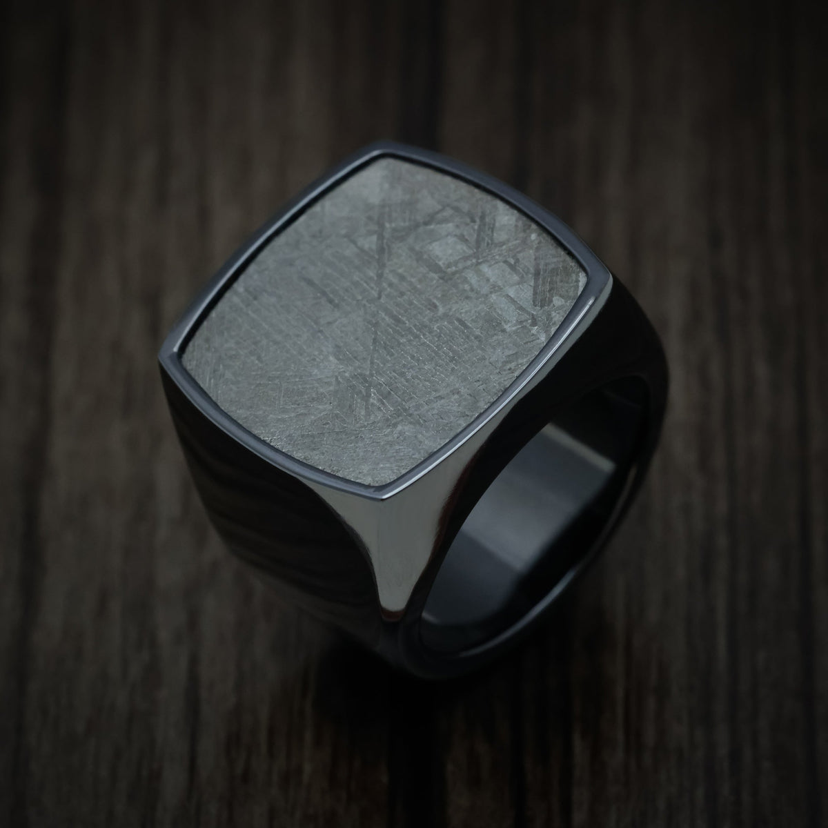 Tasman XVII - Black Zirconium Extra Large Signet Wedding Ring with Gibeon Meteorite Inlay - view 3 - Nura Lab