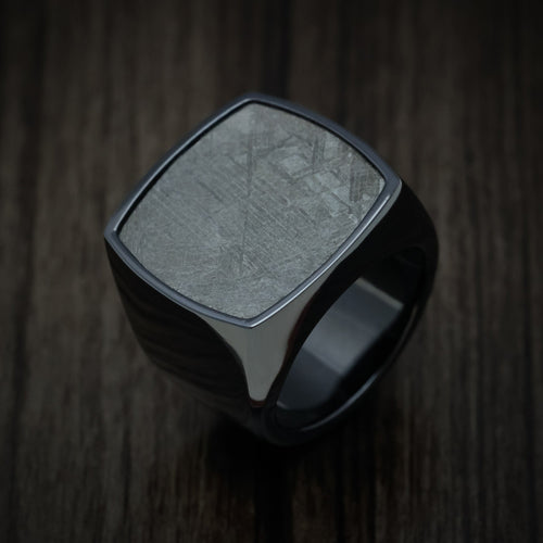 Tasman XVII - Black Zirconium Extra Large Signet Wedding Ring with Gibeon Meteorite Inlay - view 3 - Nura Lab