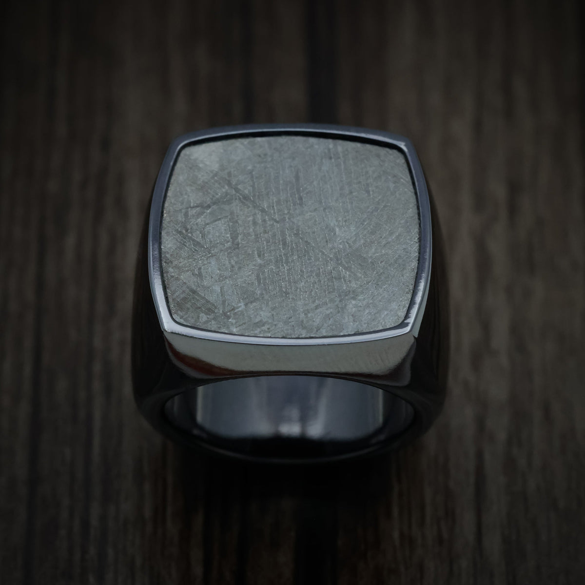 Tasman XVII - Black Zirconium Extra Large Signet Wedding Ring with Gibeon Meteorite Inlay - view 2 - Nura Lab