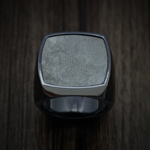 Tasman XVII - Black Zirconium Extra Large Signet Wedding Ring with Gibeon Meteorite Inlay - view 2 - Nura Lab
