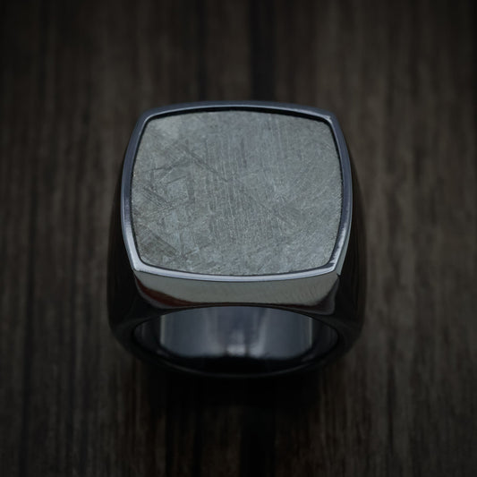 Tasman XVII - Black Zirconium Extra Large Signet Wedding Ring with Gibeon Meteorite Inlay - view 2 - Nura Lab