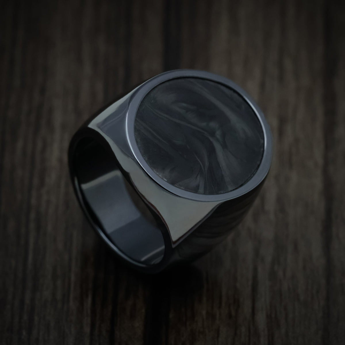 King George XV - Black Zirconium Large Signet Wedding Ring with Forged Carbon Fiber Inlay - Nura Lab