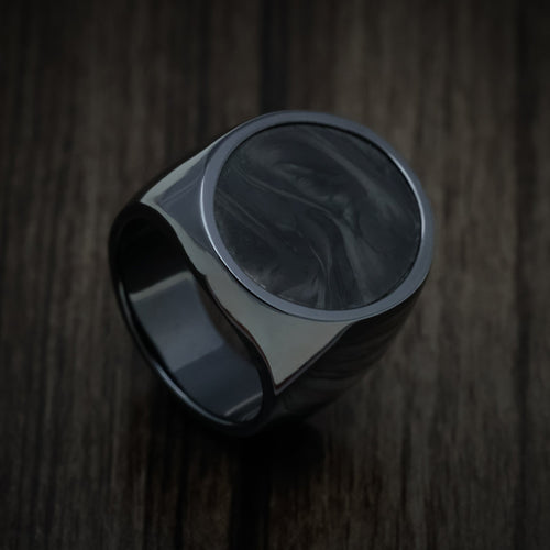 King George XV - Black Zirconium Large Signet Wedding Ring with Forged Carbon Fiber Inlay - Nura Lab
