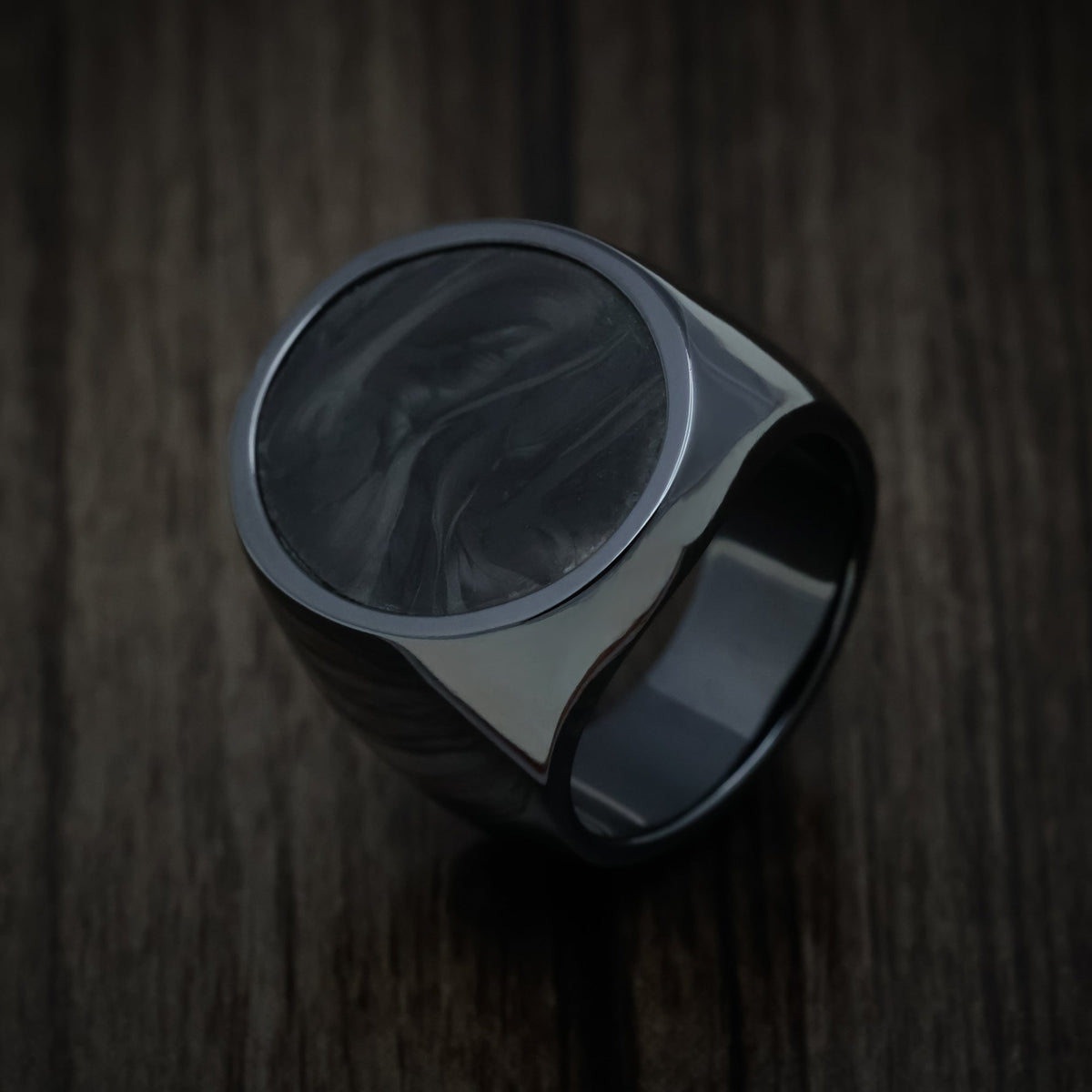 King George XV - Black Zirconium Large Signet Wedding Ring with Forged Carbon Fiber Inlay - view 3 - Nura Lab