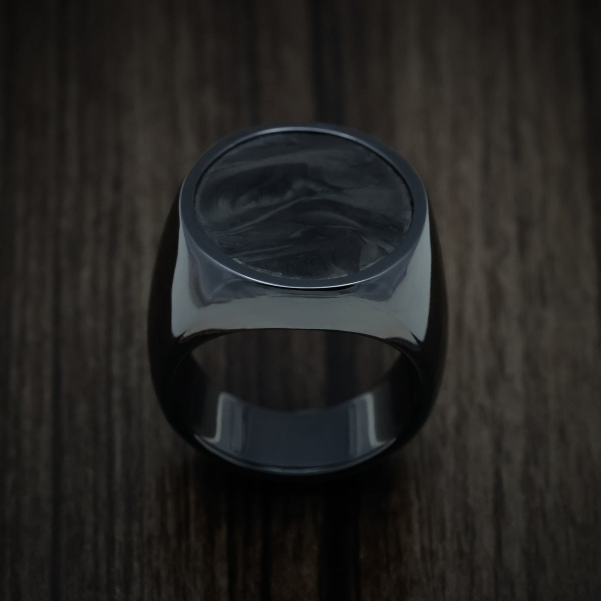 King George XV - Black Zirconium Large Signet Wedding Ring with Forged Carbon Fiber Inlay - view 2 - Nura Lab