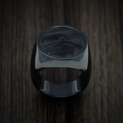 King George XV - Black Zirconium Large Signet Wedding Ring with Forged Carbon Fiber Inlay - view 2 - Nura Lab