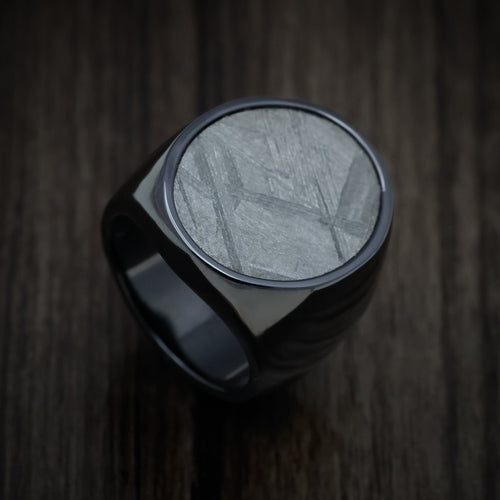 Harbour XVII - Black Zirconium Large Signet Wedding Ring with Gibeon Meteorite Inlay - Nura Lab