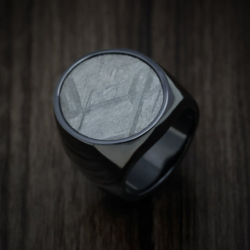 Harbour XVII - Black Zirconium Large Signet Wedding Ring with Gibeon Meteorite Inlay - view 3 - Nura Lab