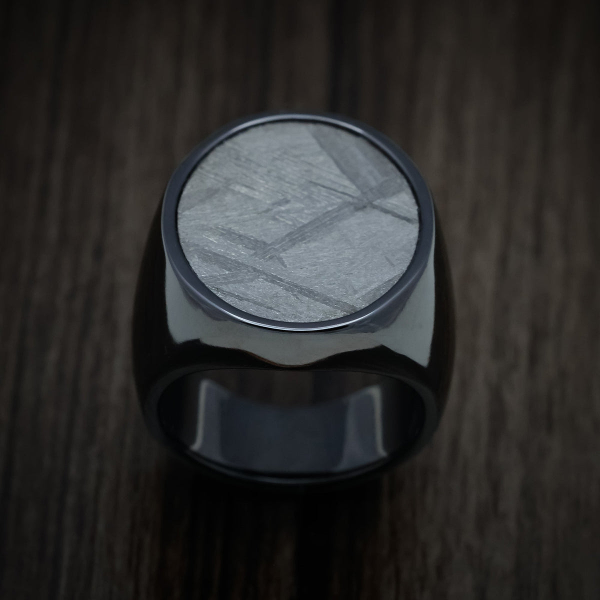 Harbour XVII - Black Zirconium Large Signet Wedding Ring with Gibeon Meteorite Inlay - view 2 - Nura Lab