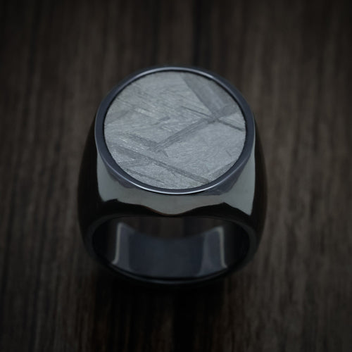 Harbour XVII - Black Zirconium Large Signet Wedding Ring with Gibeon Meteorite Inlay - view 2 - Nura Lab
