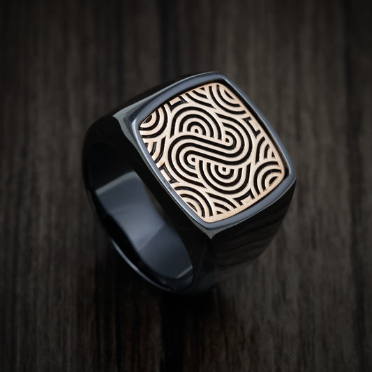 Glacier XVIII - Black Zirconium Large Signet Wedding Ring with 14K Rose Gold Design Inlay - Nura Lab