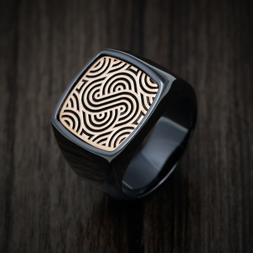 Glacier XVIII - Black Zirconium Large Signet Wedding Ring with 14K Rose Gold Design Inlay - view 3 - Nura Lab