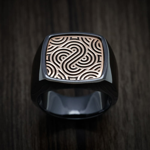 Glacier XVIII - Black Zirconium Large Signet Wedding Ring with 14K Rose Gold Design Inlay - view 2 - Nura Lab