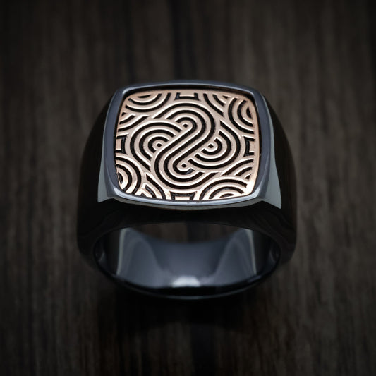 Glacier XVIII - Black Zirconium Large Signet Wedding Ring with 14K Rose Gold Design Inlay - view 2 - Nura Lab