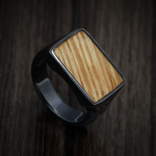 King James XIII - Black Zirconium Large Signet Wedding Ring with Oak Wood Inlay - Nura Lab