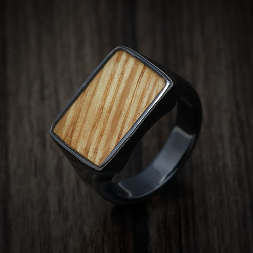 King James XIII - Black Zirconium Large Signet Wedding Ring with Oak Wood Inlay - view 3 - Nura Lab