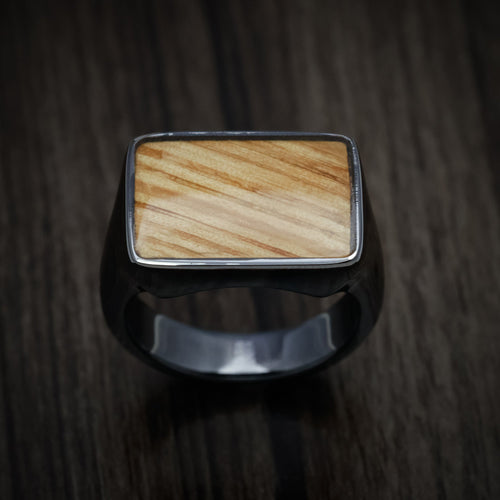 King James XIII - Black Zirconium Large Signet Wedding Ring with Oak Wood Inlay - view 2 - Nura Lab