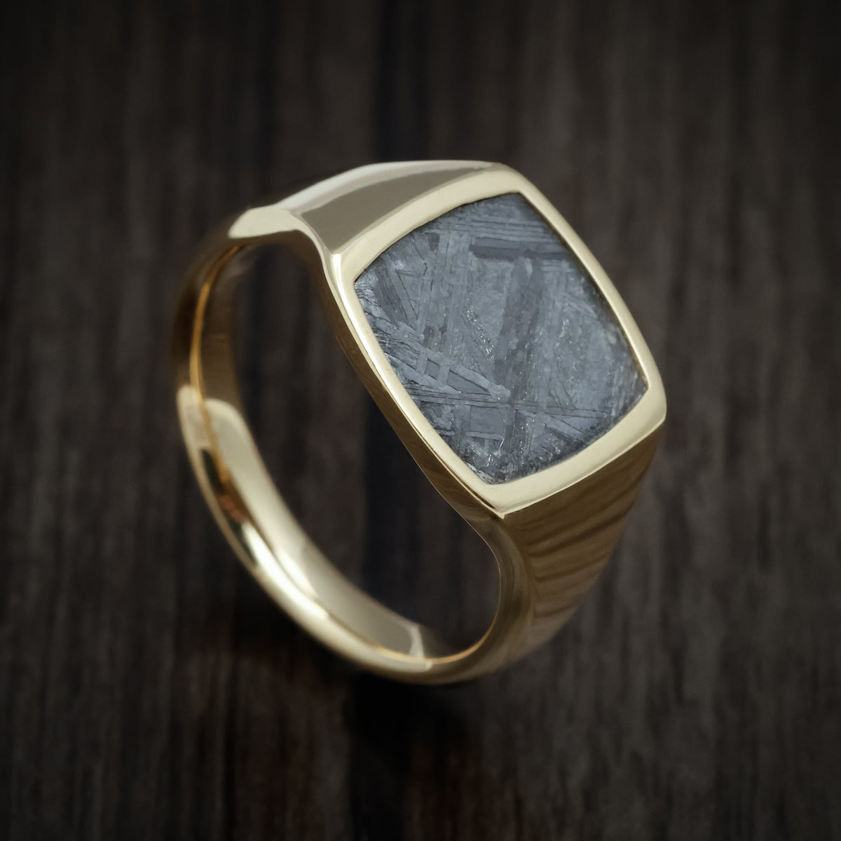 Iron XVII - 10K Yellow Gold Medium Signet Wedding Ring with Gibeon Meteorite Inlay - Nura Lab