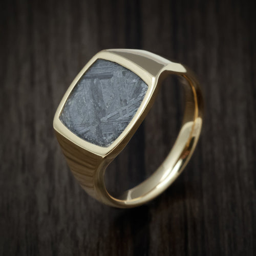 Iron XVII - 10K Yellow Gold Medium Signet Wedding Ring with Gibeon Meteorite Inlay - view 3 - Nura Lab