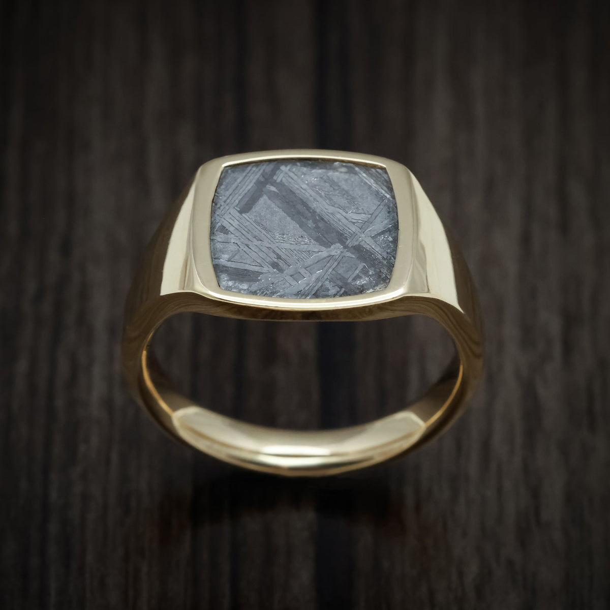 Iron XVII - 10K Yellow Gold Medium Signet Wedding Ring with Gibeon Meteorite Inlay - view 2 - Nura Lab