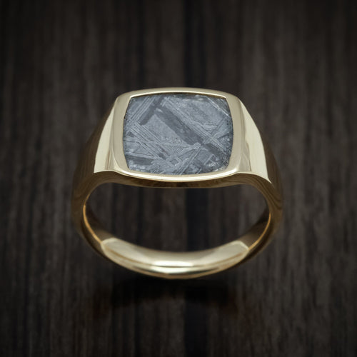 Iron XVII - 10K Yellow Gold Medium Signet Wedding Ring with Gibeon Meteorite Inlay - view 2 - Nura Lab