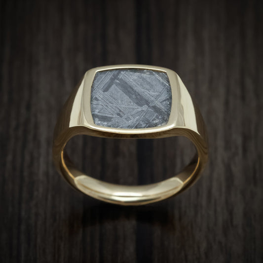 Iron XVII - 10K Yellow Gold Medium Signet Wedding Ring with Gibeon Meteorite Inlay - view 2 - Nura Lab