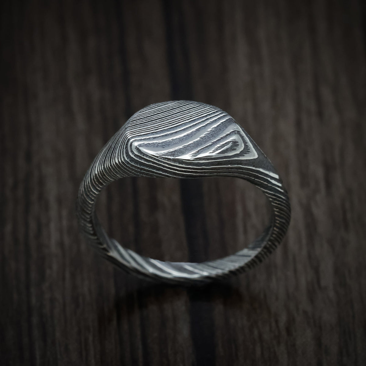 Pioneer XI - Woodgrain Kuro Damascus Steel Small Signet Wedding Ring - view 2 - Nura Lab