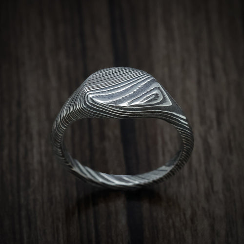 Pioneer XI - Woodgrain Kuro Damascus Steel Small Signet Wedding Ring - view 2 - Nura Lab
