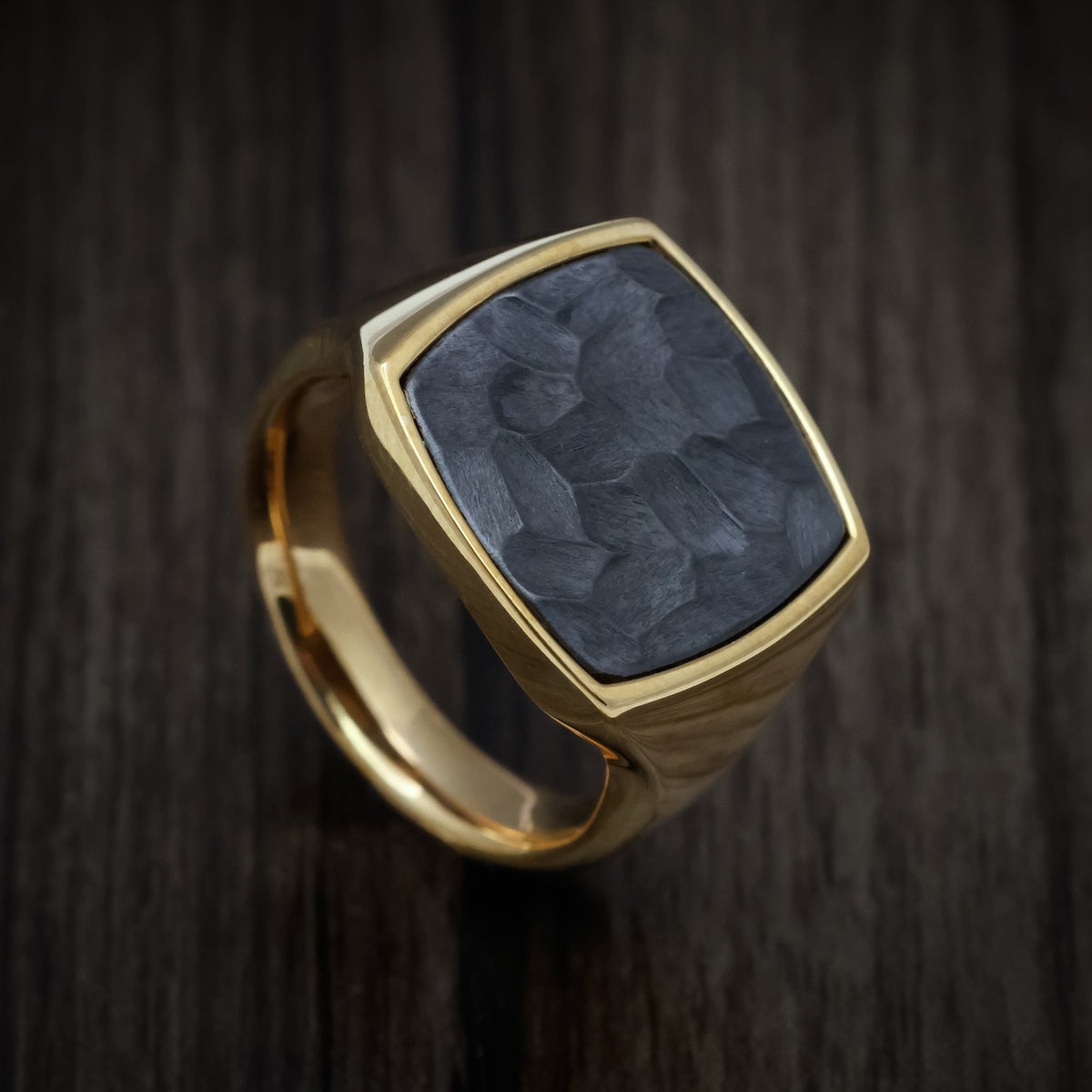 Cedar XIII - 10K Yellow Gold Large Signet Wedding Ring with Tantalum Inlay - Nura Lab