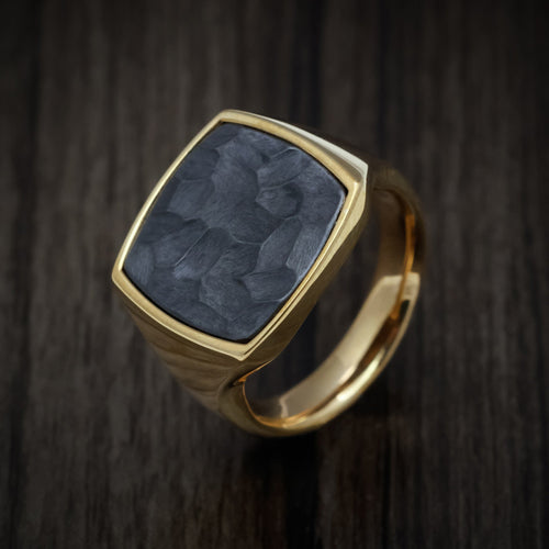 Cedar XIII - 10K Yellow Gold Large Signet Wedding Ring with Tantalum Inlay - view 3 - Nura Lab