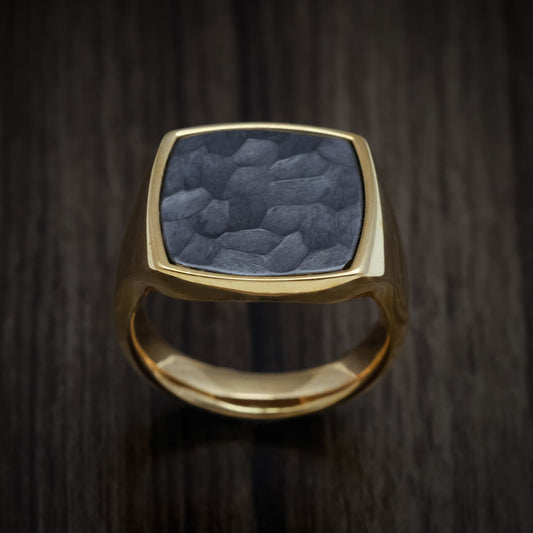 Cedar XIII - 10K Yellow Gold Large Signet Wedding Ring with Tantalum Inlay - view 2 - Nura Lab