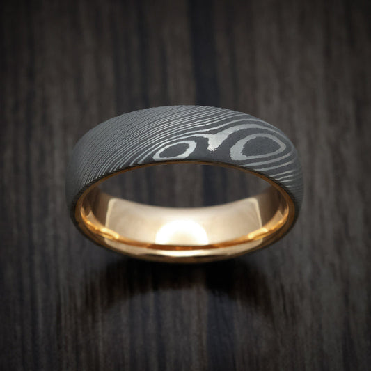 Empire XI - Damascus Steel Men's Wedding Ring with 14K Gold Sleeve - view 2 - Nura Lab