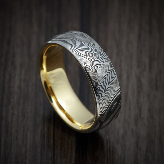 Dynasty XI - Tightweave Kuro Damascus Steel Men's Wedding Ring with 18K Gold Sleeve - Nura Lab