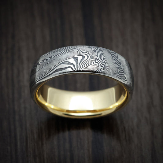 Dynasty XI - Tightweave Kuro Damascus Steel Men's Wedding Ring with 18K Gold Sleeve - view 2 - Nura Lab