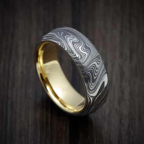 Legacy XI - Marble Kuro Damascus Steel Men's Wedding Ring with 18K Gold Sleeve - Nura Lab