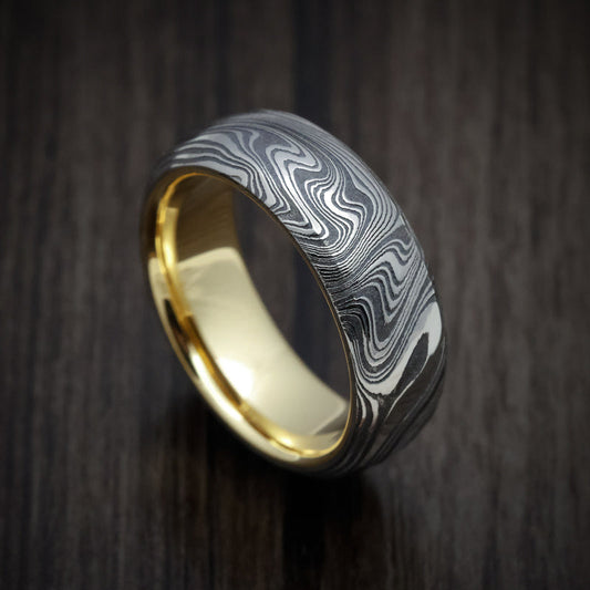 Legacy XI - Marble Kuro Damascus Steel Men's Wedding Ring with 18K Gold Sleeve - Nura Lab
