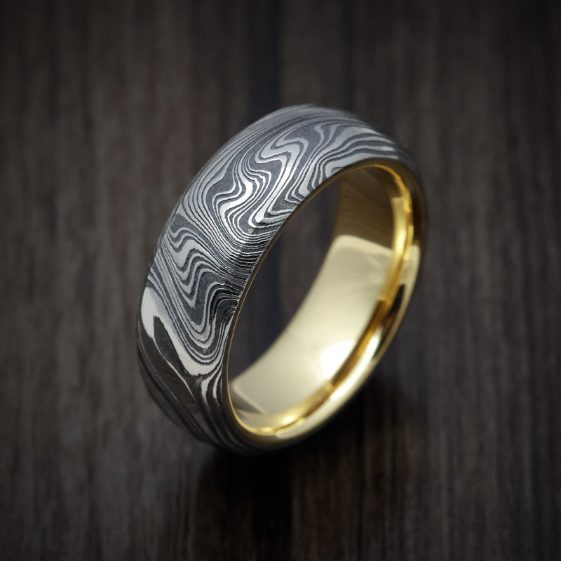 Legacy XI - Marble Kuro Damascus Steel Men's Wedding Ring with 18K Gold Sleeve - view 3 - Nura Lab