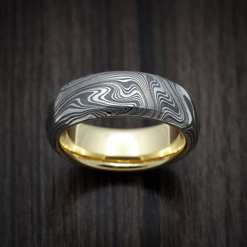 Legacy XI - Marble Kuro Damascus Steel Men's Wedding Ring with 18K Gold Sleeve - view 2 - Nura Lab