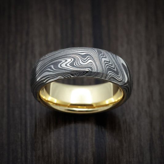 Legacy XI - Marble Kuro Damascus Steel Men's Wedding Ring with 18K Gold Sleeve - view 2 - Nura Lab