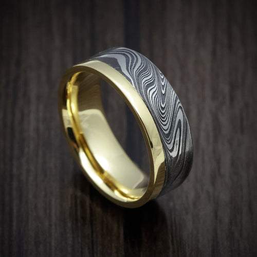 Commander XI - Yellow Gold Men's Wedding Ring with Marble Kuro Damascus Steel Inlay - Nura Lab