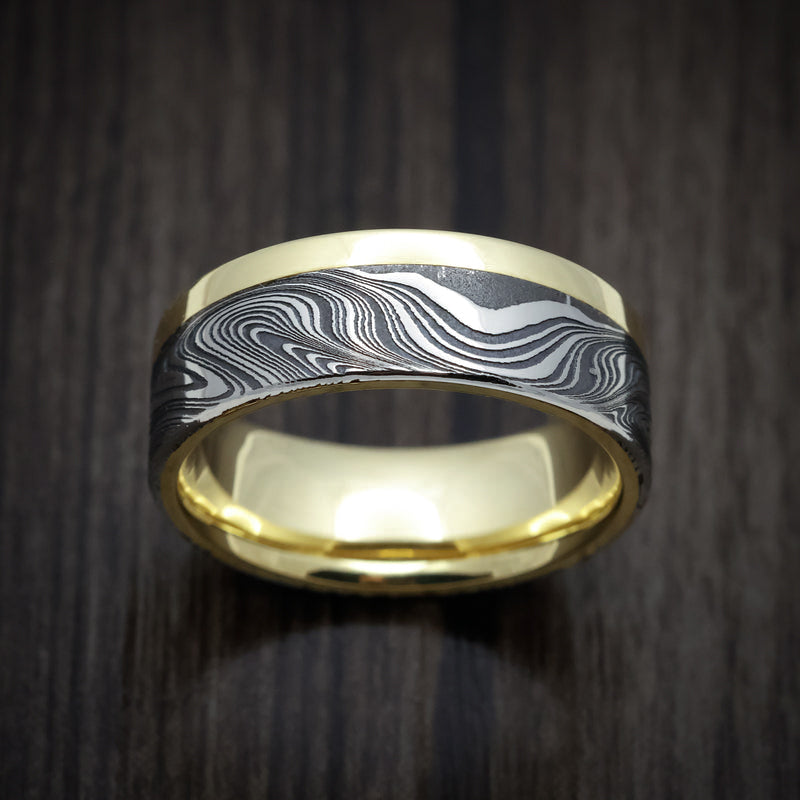Commander XI - Yellow Gold Men's Wedding Ring with Marble Kuro Damascus Steel Inlay - view 2 - Nura Lab
